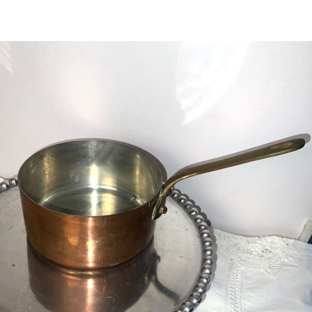 Vintage French Copper Saucepan Tin Lined Brass Handle made in France
